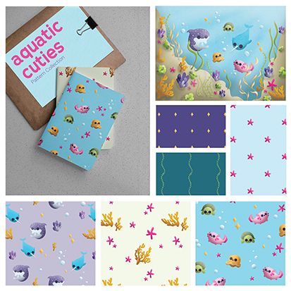 Playful surface design featuring cute aquatic creatures.